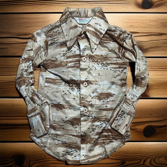 VINTAGE 70s Boys 5 Dagger Collar Mod Button Up Shirt Retro Bird Flock Print - Picture 1 of 4
